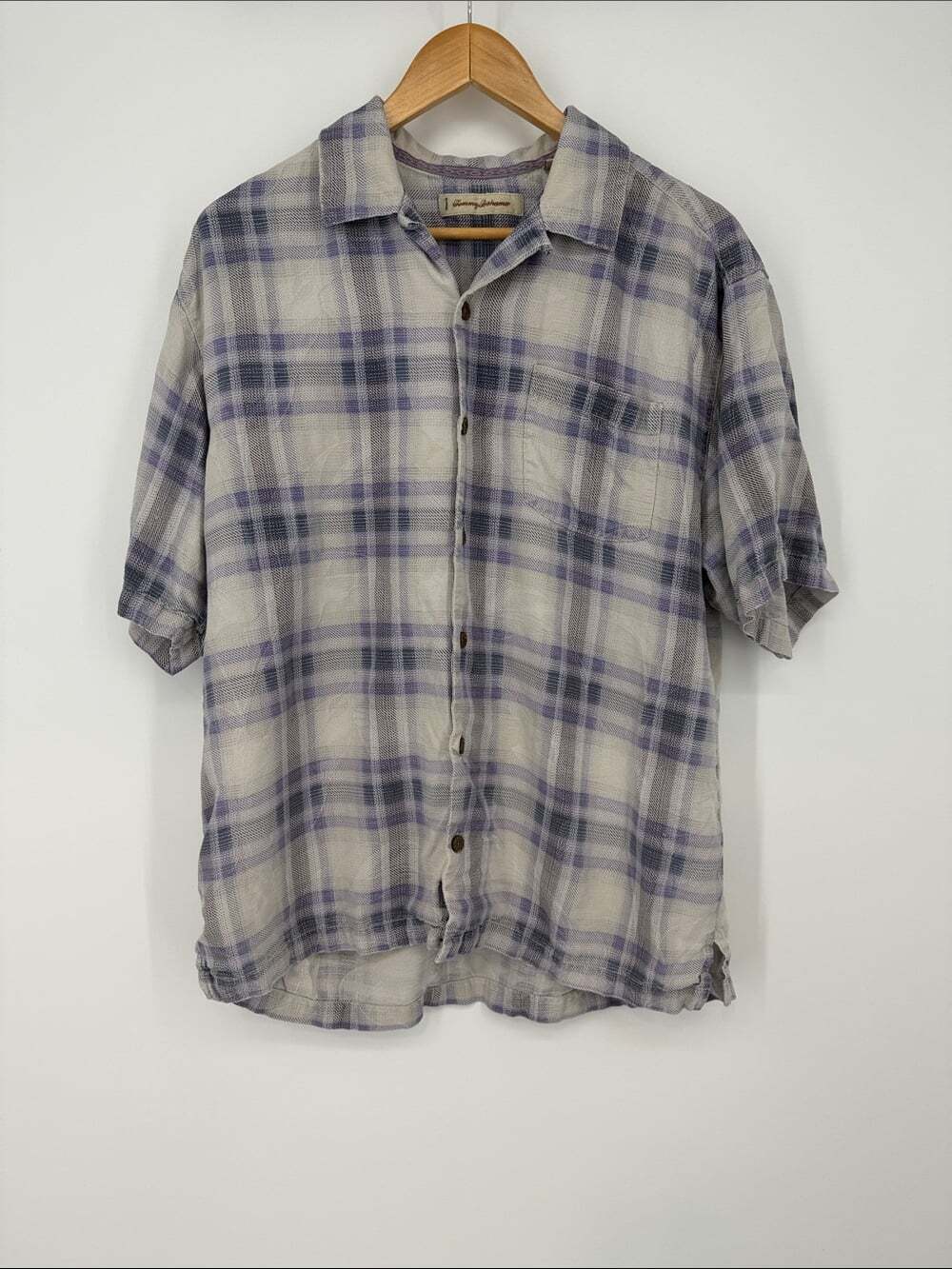 Tommy Bahama Cream and Blue Plaid Short-Sleeve Button-Down Shirt